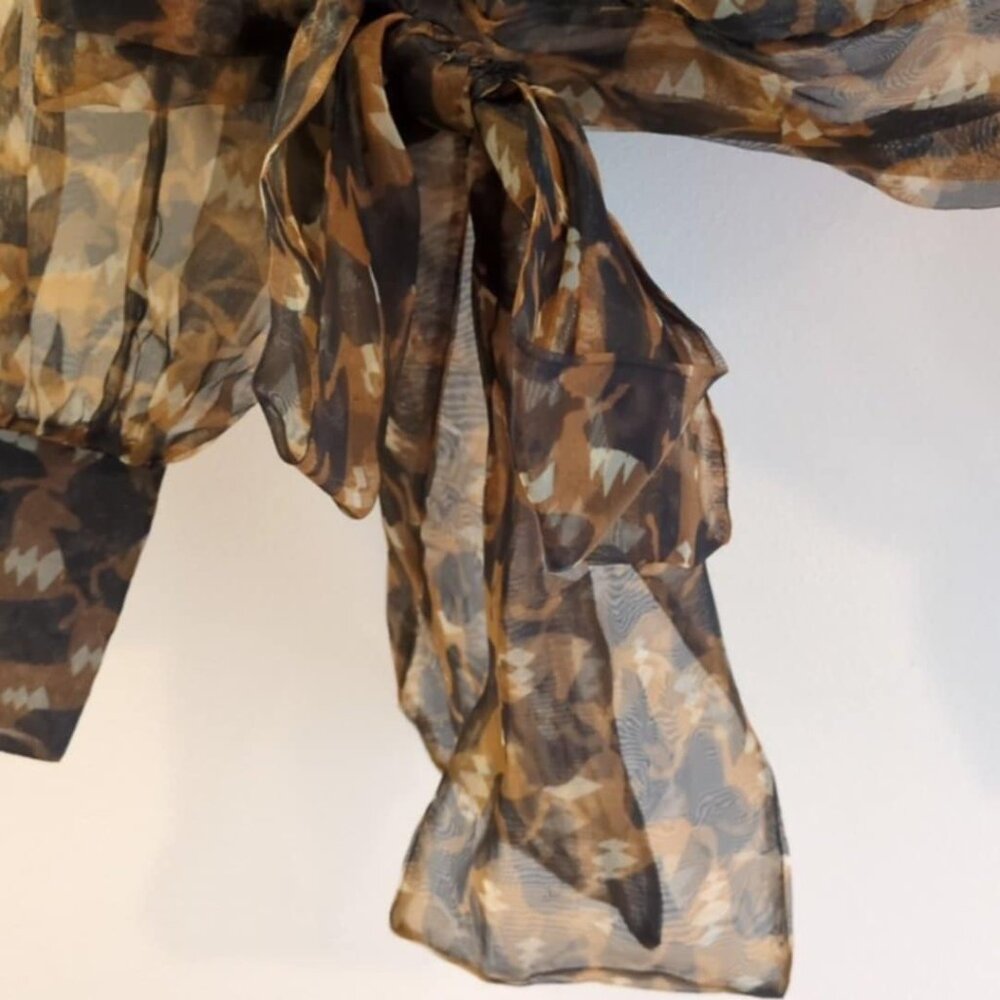 Zara Organza Semi Sheer Blouse Sz Small Bow Pirate Chiffon Wrap Going Out Earthy - Picture 2 of 7